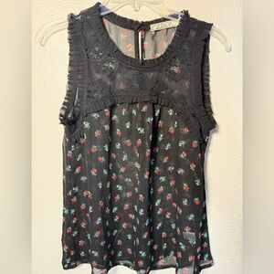 Chloe K Black Floral Sheer Blouse Size Small Lace Ruffle Sleeveless Boho